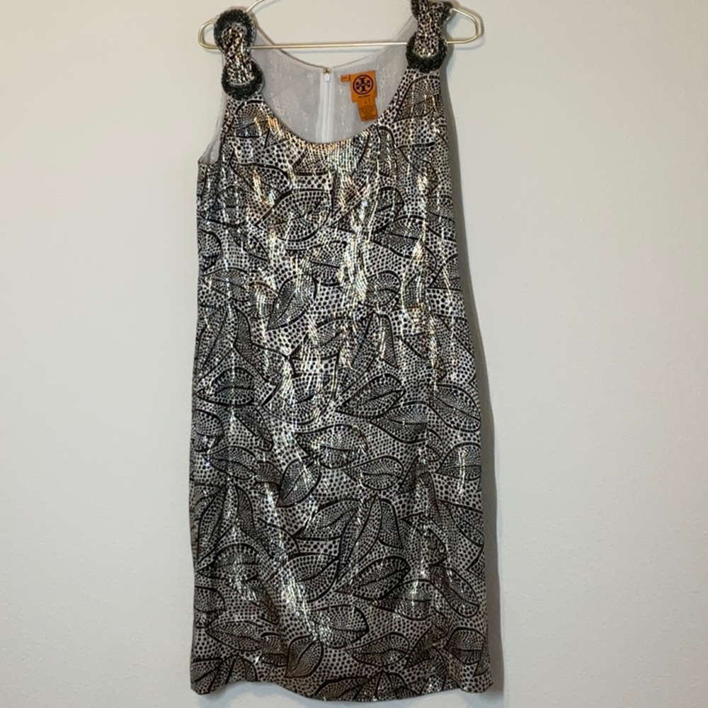 Tory Burch Silk Blend Jaquard Sleeveless Sheath Dress Metallic Size 12